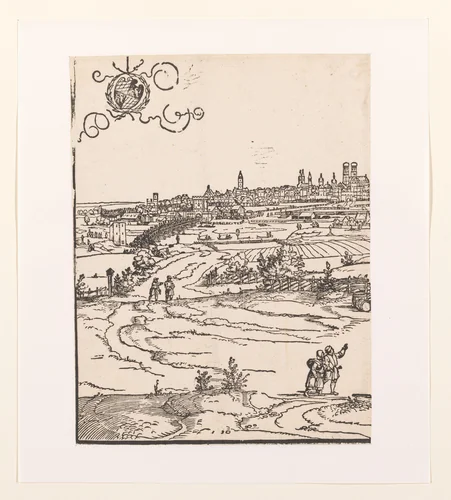 Gezicht op München met militair schouwspel (linkerdeel) by anonymous, print, 1530