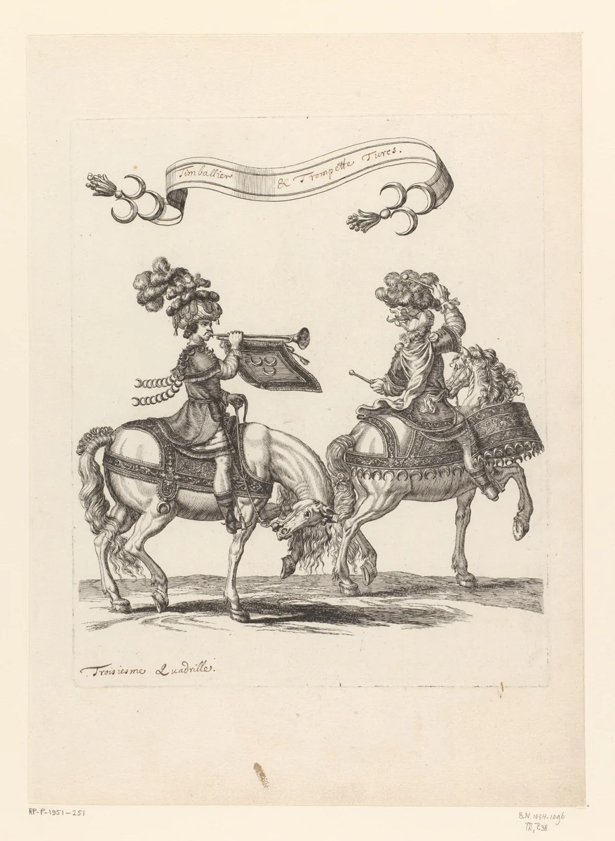 Trompettist en trommelslager te paard in Turks kostuum by François Chauveau, print, 1670