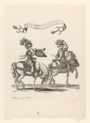 Trompettist en trommelslager te paard in Turks kostuum by François Chauveau, print, 1670