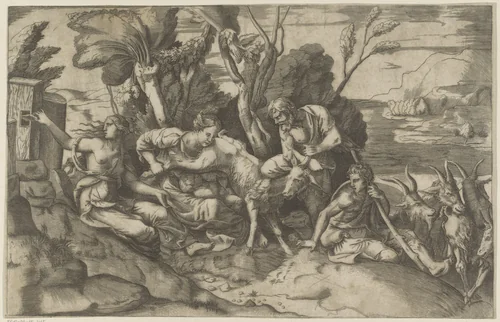 Jupiter gezoogd door de geit Amalthea by Giulio Bonasone, print, 1501-1590