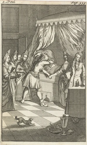 Mirandors broer bij het ziekbed van Rosamire by Caspar Luyken, print, 1695