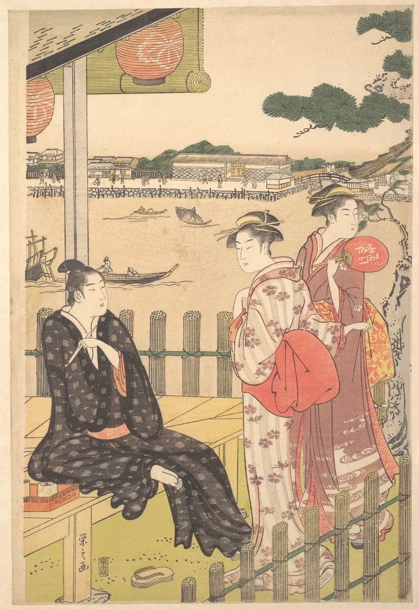 Group at a Tea-house on the Bank of the Sumida River by Chōbunsai Eishi (鳥文斎栄之), print, 1780-1800