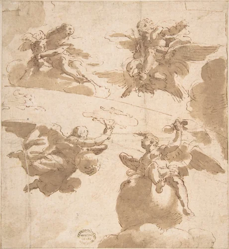 Studies of Figures on Clouds by anonymous, drawing, 1600-1700