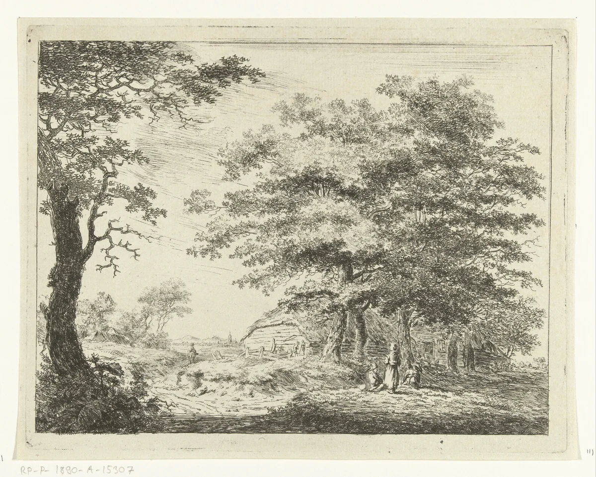 Landschap met boerderij en figuren onder bomen by Hermanus van Brussel, print, 1800-1815