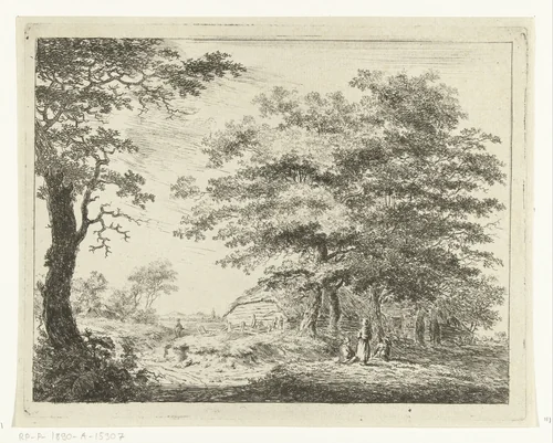Landschap met boerderij en figuren onder bomen by Hermanus van Brussel, print, 1800-1815