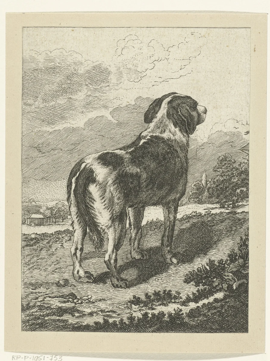 Staande hond in landschap by Pieter Barbiers, print, 1808-1848