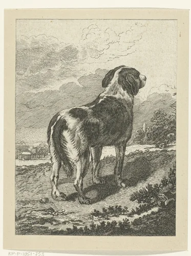Staande hond in landschap by Pieter Barbiers, print, 1808-1848