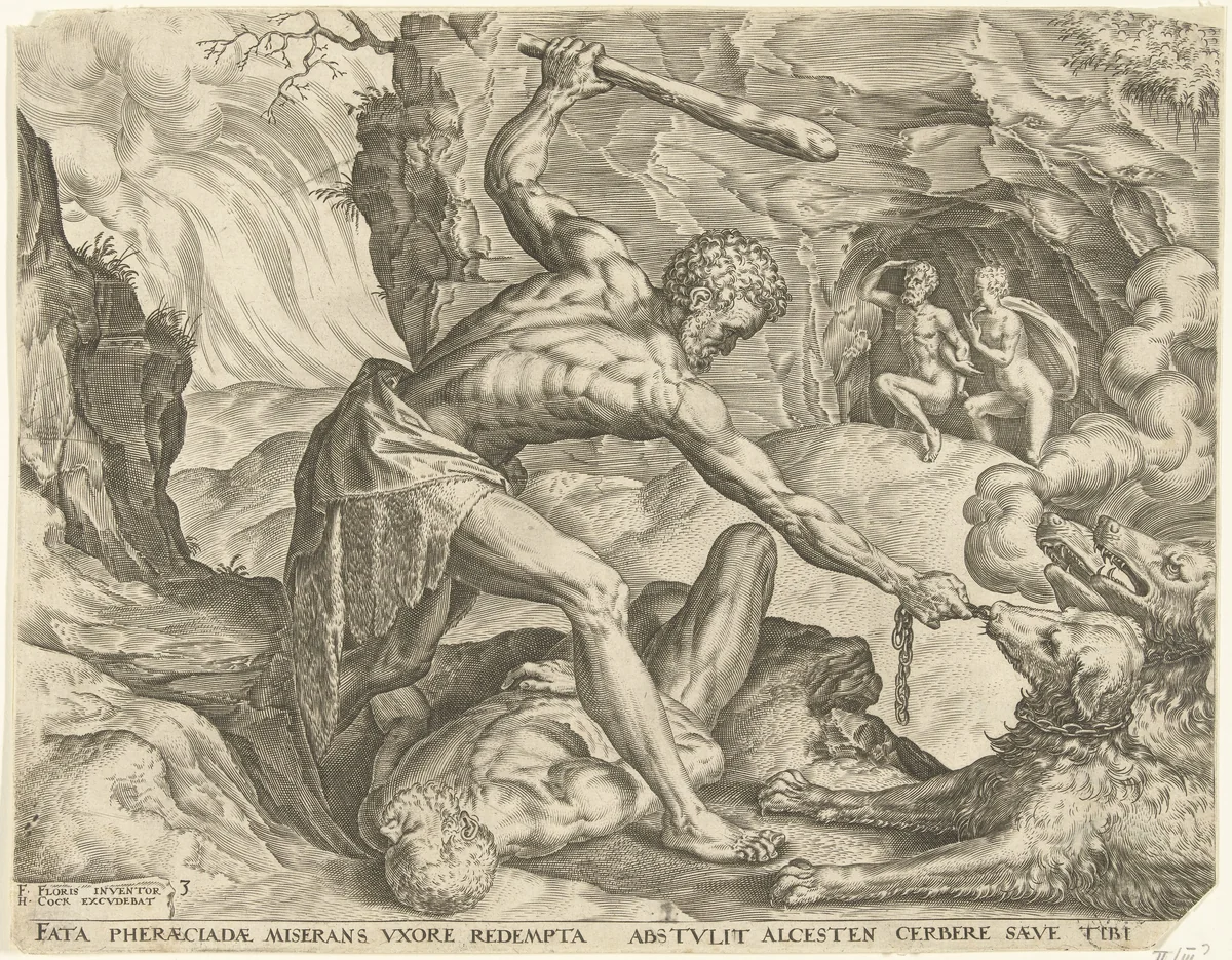 Hercules sleept Cerberus de hel uit by Cornelis Cort, print, 1563