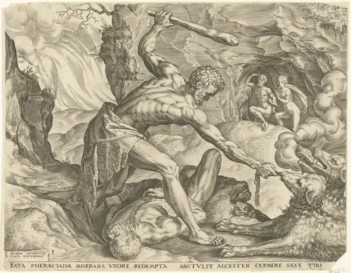 Hercules sleept Cerberus de hel uit by Cornelis Cort, print, 1563
