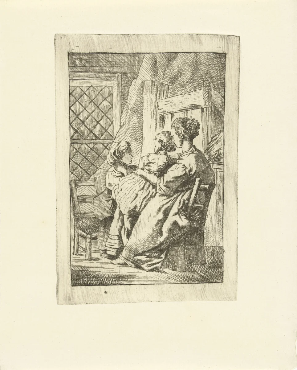 Twee vrouwen met kind zitten voor het raam by G. van Citters, print, 1750-1800