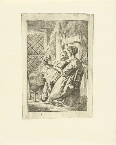 Twee vrouwen met kind zitten voor het raam by G. van Citters, print, 1750-1800