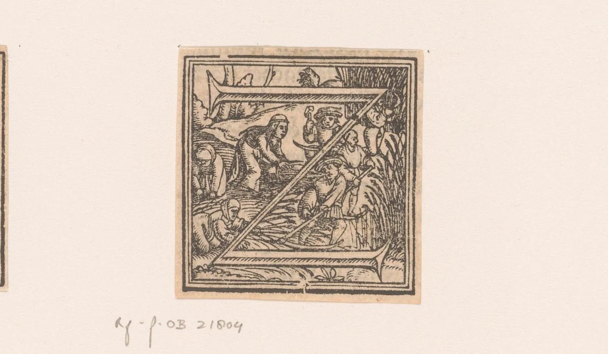 Letter Z: oogstende boeren by anonymous, print, 1556