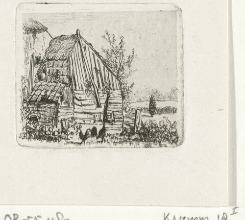 Kippen bij een boerenschuur by Joseph Hartogensis, print, 1837-1865