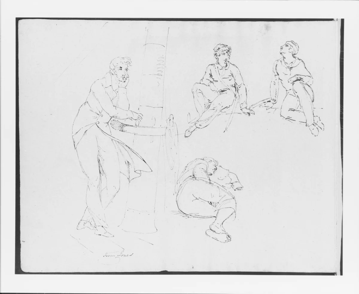 Two Seated Figures; One Sleeping Figure; Standing Man Leaning on Ship Railing (from Sketchbook) by Thomas Sully, artwork, 1810-1820