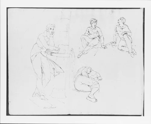 Two Seated Figures; One Sleeping Figure; Standing Man Leaning on Ship Railing (from Sketchbook) by Thomas Sully, artwork, 1810-1820