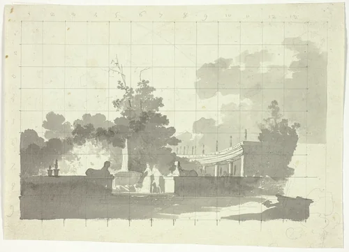 View of the Park at Versailles: Two Sphinxes and a Couple Near a Collonade by Pierre Antoine Mongin, drawing, 1781-1827