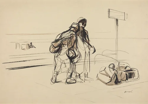 a) Two French Soldiers near a Notice Board (recto); b) Nursemaid and Children with Horse or Donkey (verso) by Jean-Louis Forain, drawing, 1914-1919