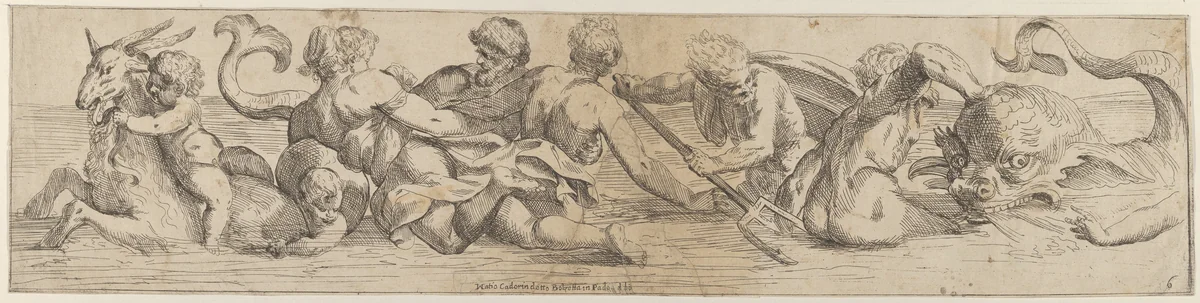 Plate 6: marine gods and other cavorting figures by Giulio Carpioni, print, 1635-1645