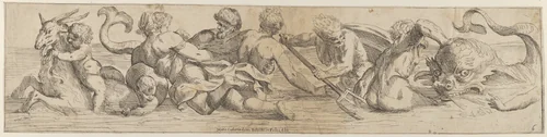 Plate 6: marine gods and other cavorting figures by Giulio Carpioni, print, 1635-1645