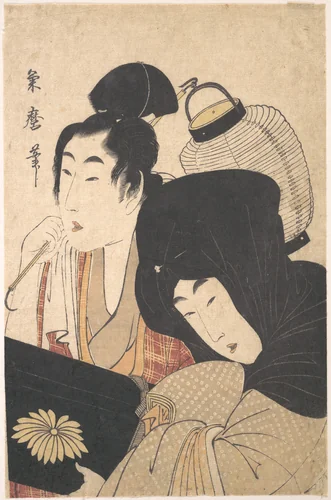 Young Woman at Night accompanied by a Servant Carrying a Lantern and a Shamisen Box by Kitagawa Kikumaro, print, 1789-1829