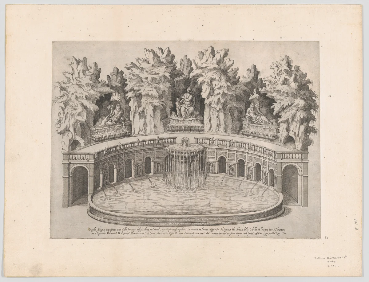 Fountain and Gardens of the Villa d'Este at Tivoli, from "Speculum Romanae Magnificentiae" by Etienne DuPérac, print, 1575