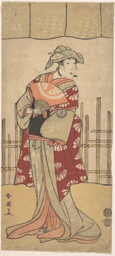 The Third Segawa Kikunojo as a Woman Standing, Holding a Fan by Katsukawa Shun'ei (勝川春英), print, 1788