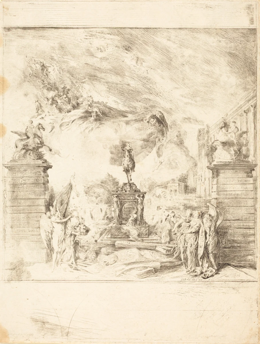 Allégorie sur l'Erection de la Statue de Louis XV (Allegory on the Establishment of a Statue of Louis XV) by Gabriel de Saint-Aubin, print, 1763