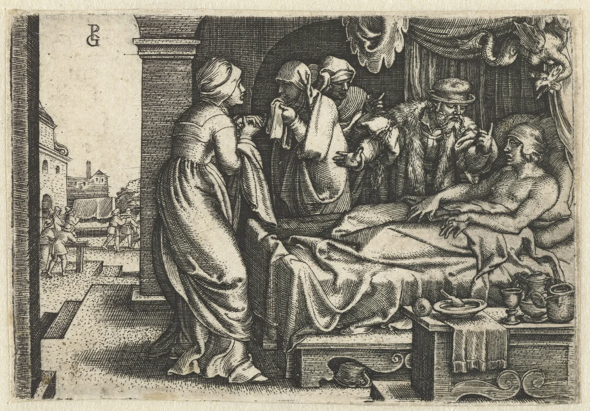 Rijke man op zijn sterfbed by Unknown, print, 1542-1543