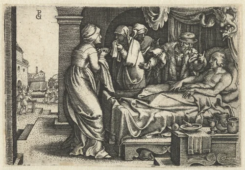 Rijke man op zijn sterfbed by Unknown, print, 1542-1543