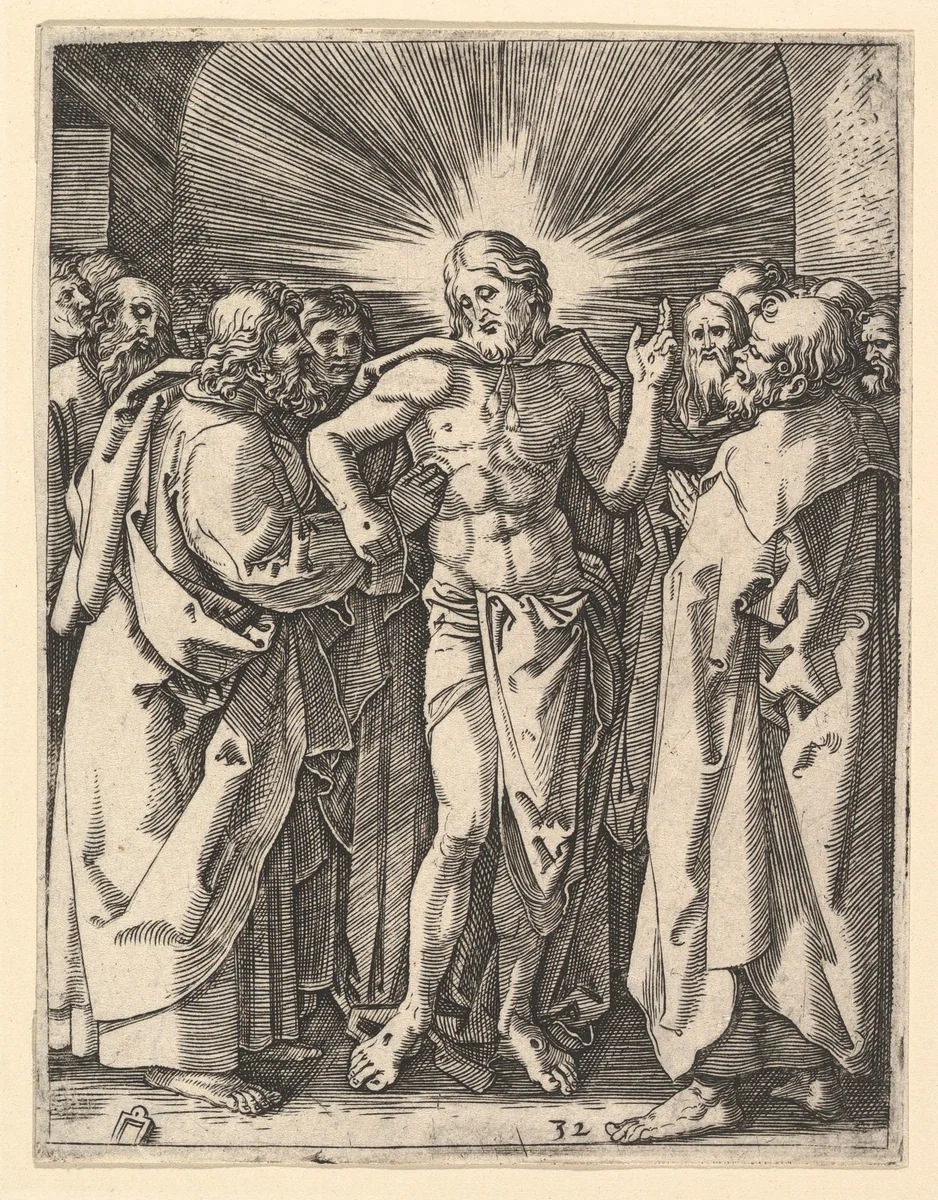 The Doubting Thomas; Christ among his disciples, Saint Thomas touching Christ's wound, from "The Passion of Christ", after Dürer by Marcantonio Raimondi, print, 1495-1539