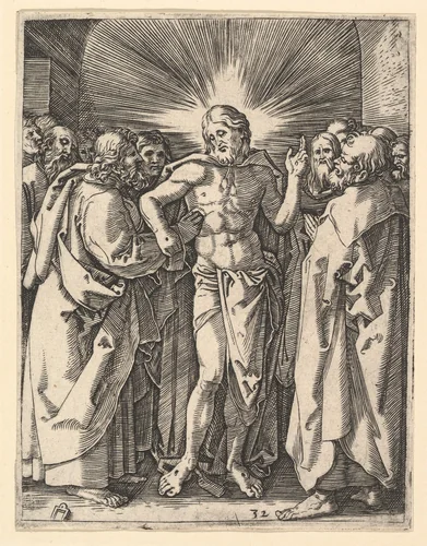 The Doubting Thomas; Christ among his disciples, Saint Thomas touching Christ's wound, from "The Passion of Christ", after Dürer by Marcantonio Raimondi, print, 1495-1539
