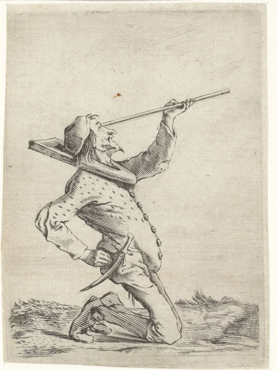 Man die langs een stok tuurt by Cornelis Saftleven, print, 1632-1645