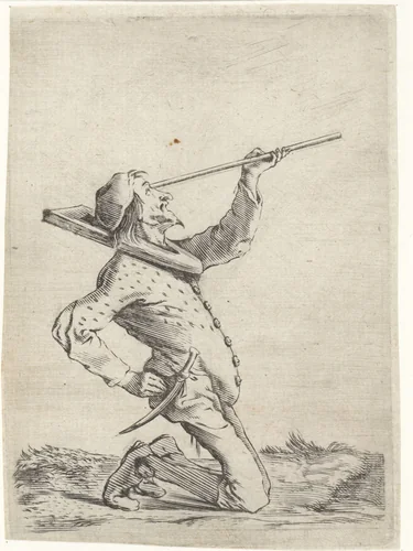 Man die langs een stok tuurt by Cornelis Saftleven, print, 1632-1645