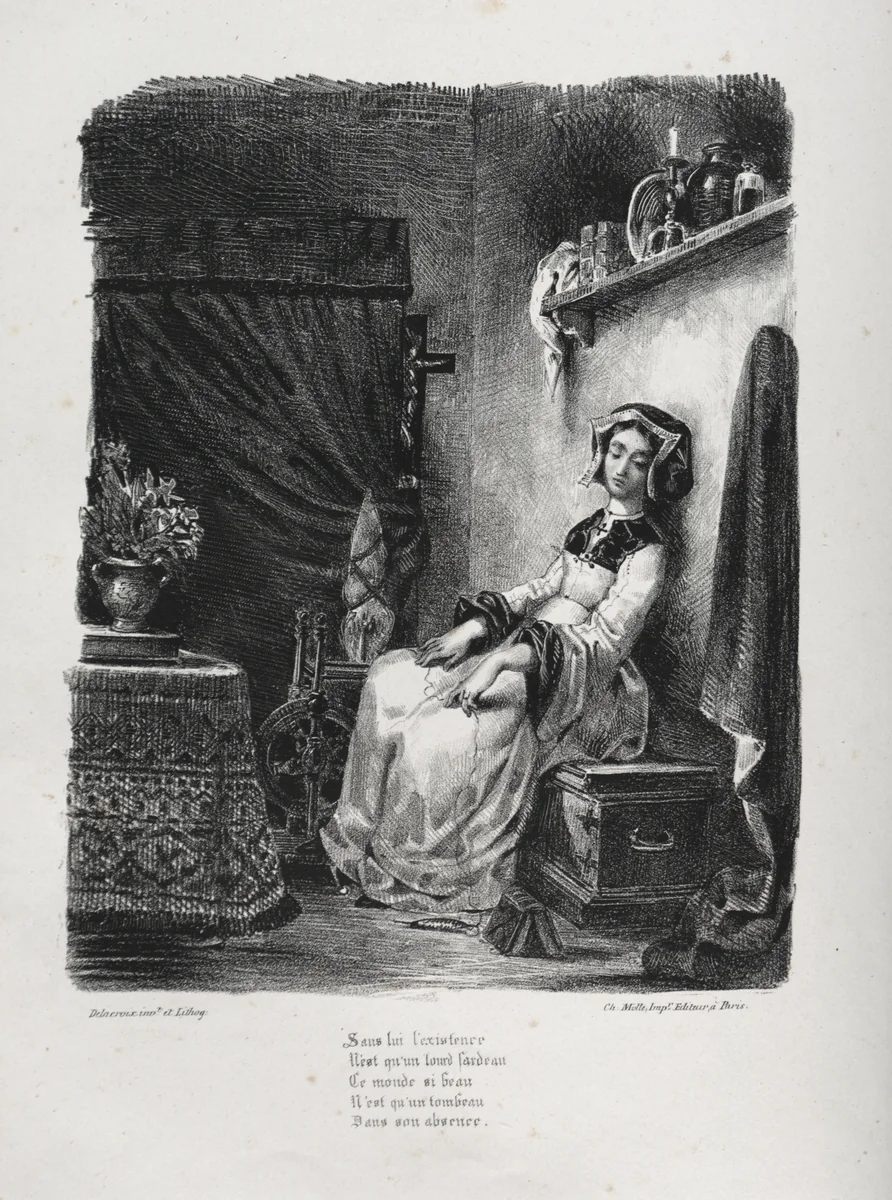 Illustrations for Faust: Marguerite with the wheel by Eugène Delacroix, print, 1828
