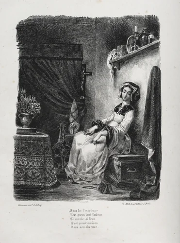 Illustrations for Faust: Marguerite with the wheel by Eugène Delacroix, print, 1828