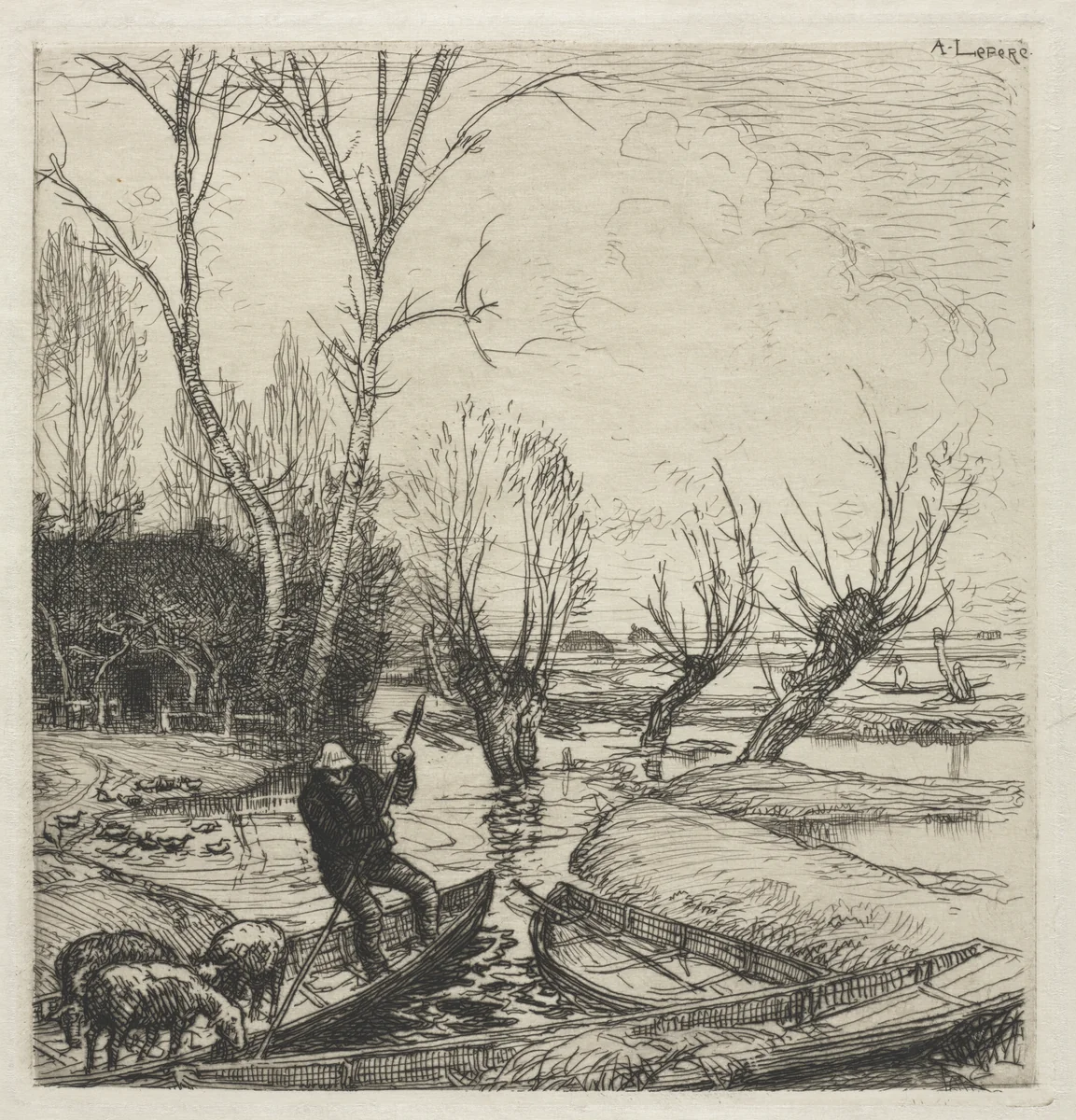 [Man in a Boat with Three Sheep] by Auguste Louis Lepère, print, 1870-1918