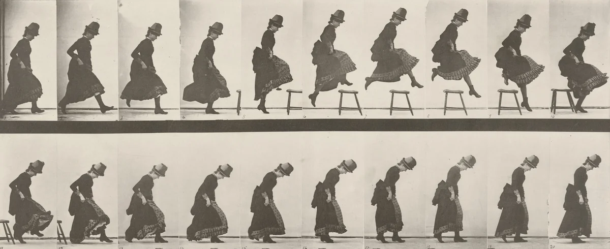 Woman Jumping, Running Straight High Jump: Plate 156 from Animal Locomotion (1887) by Eadweard Muybridge, photograph, 1884