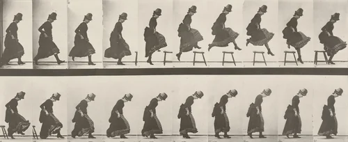 Woman Jumping, Running Straight High Jump: Plate 156 from Animal Locomotion (1887) by Eadweard Muybridge, photograph, 1884