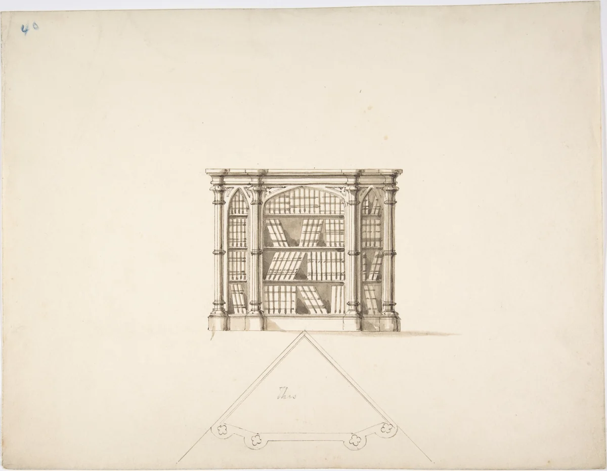 Design for a Gothic Style Corner Book Cabinet: Elevation and Plan by anonymous, drawing, 1800-1850