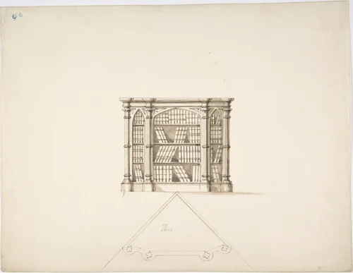 Design for a Gothic Style Corner Book Cabinet: Elevation and Plan by anonymous, drawing, 1800-1850