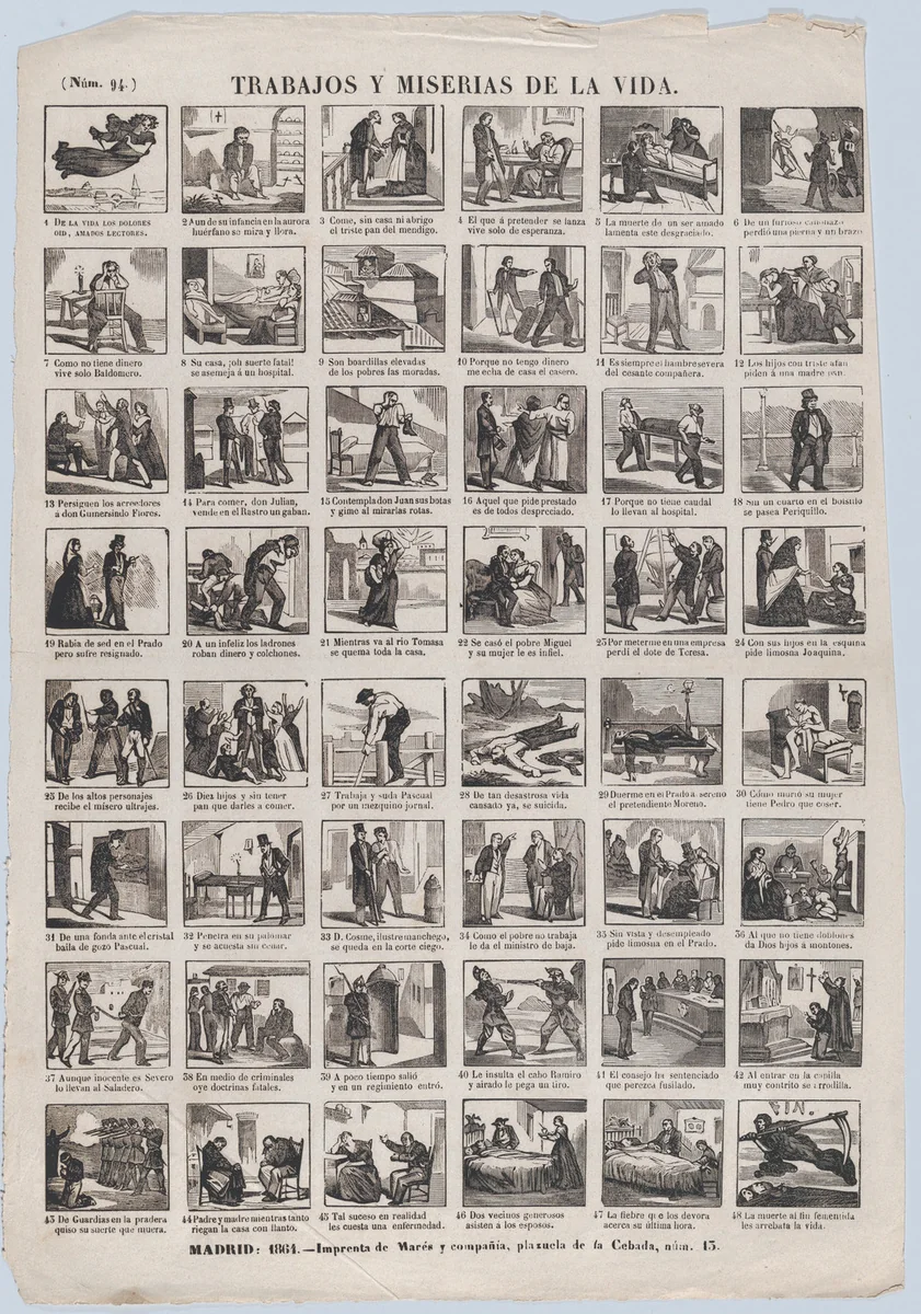 Broadside with 48 scenes depicting the trials and tribulations of life by José María Marés, print, 1861