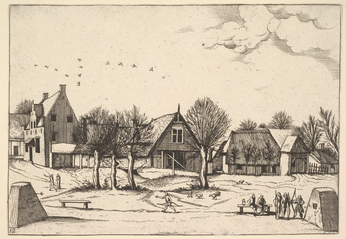 Country Village, archers in the foreground from Multifariarum casularum ruriumque lineamenta curiose ad vivum expressa by Johannes van Doetecum, print, 1559-1561