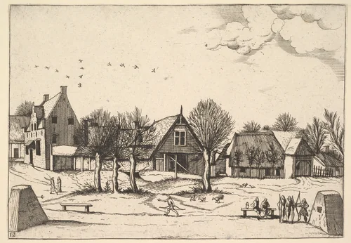 Country Village, archers in the foreground from Multifariarum casularum ruriumque lineamenta curiose ad vivum expressa by Johannes van Doetecum, print, 1559-1561
