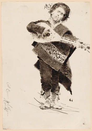 Mandolin Player in Popular Costume of Abruzzi by Francesco Paolo Michetti, drawing, 1872-1882