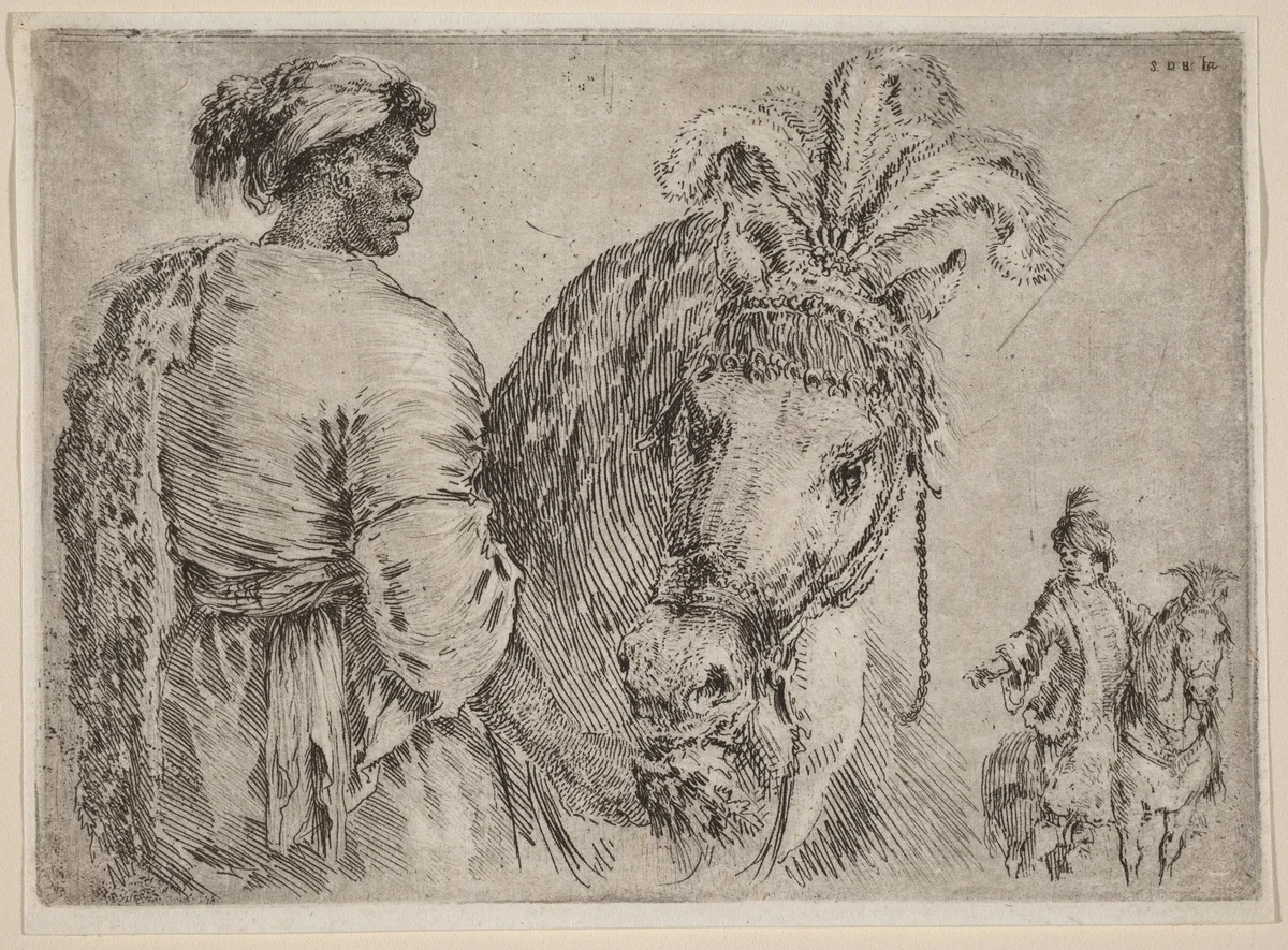 A Black Man Feeding a Horse by Stefano della Bella, print, 1662