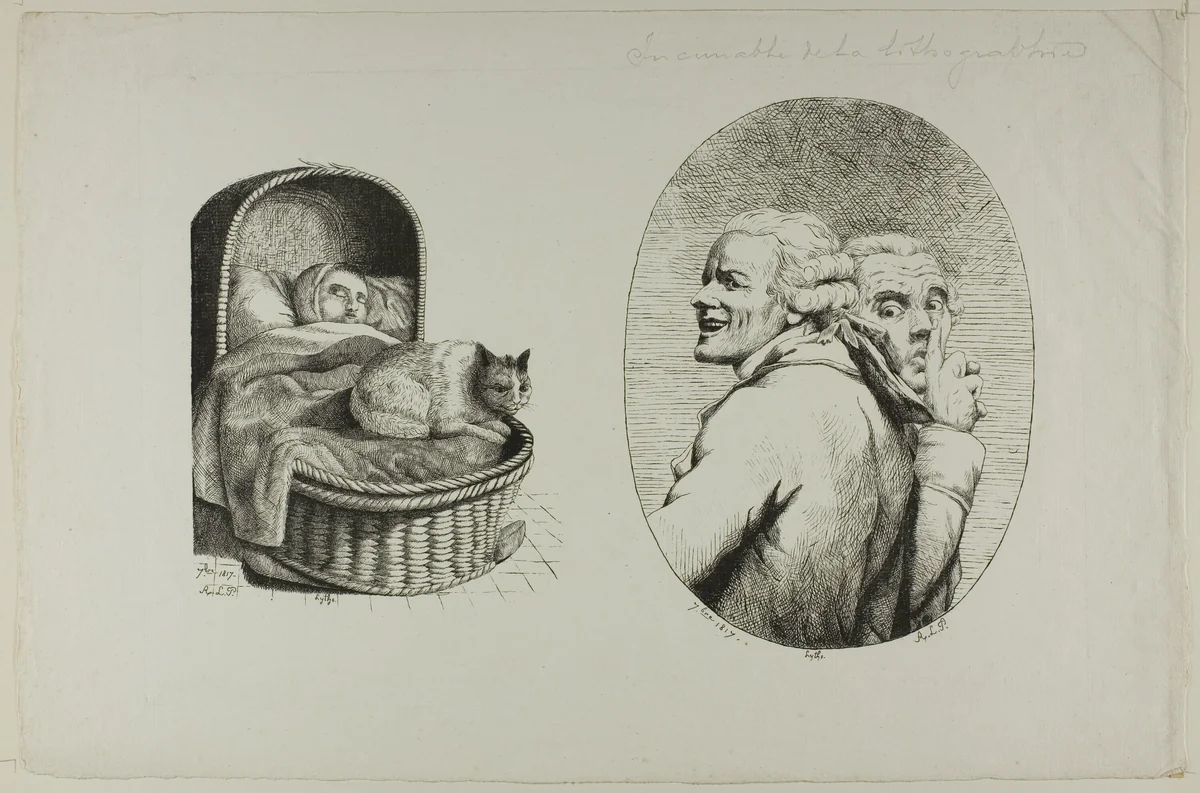 Child in a crib and Jeux de physionomie after Ducreux by Monogrammist A.L.P., print, 1817