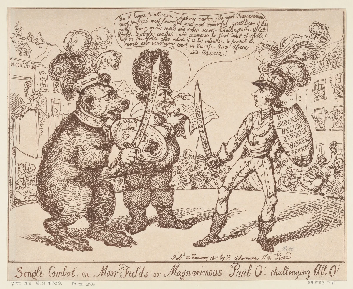 Single Combat in Moor-Fields or Magnamimous Paul O' challenging All O' by Thomas Rowlandson, print, 1801