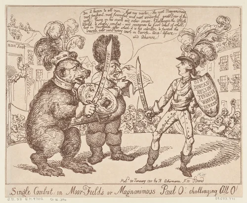 Single Combat in Moor-Fields or Magnamimous Paul O' challenging All O' by Thomas Rowlandson, print, 1801