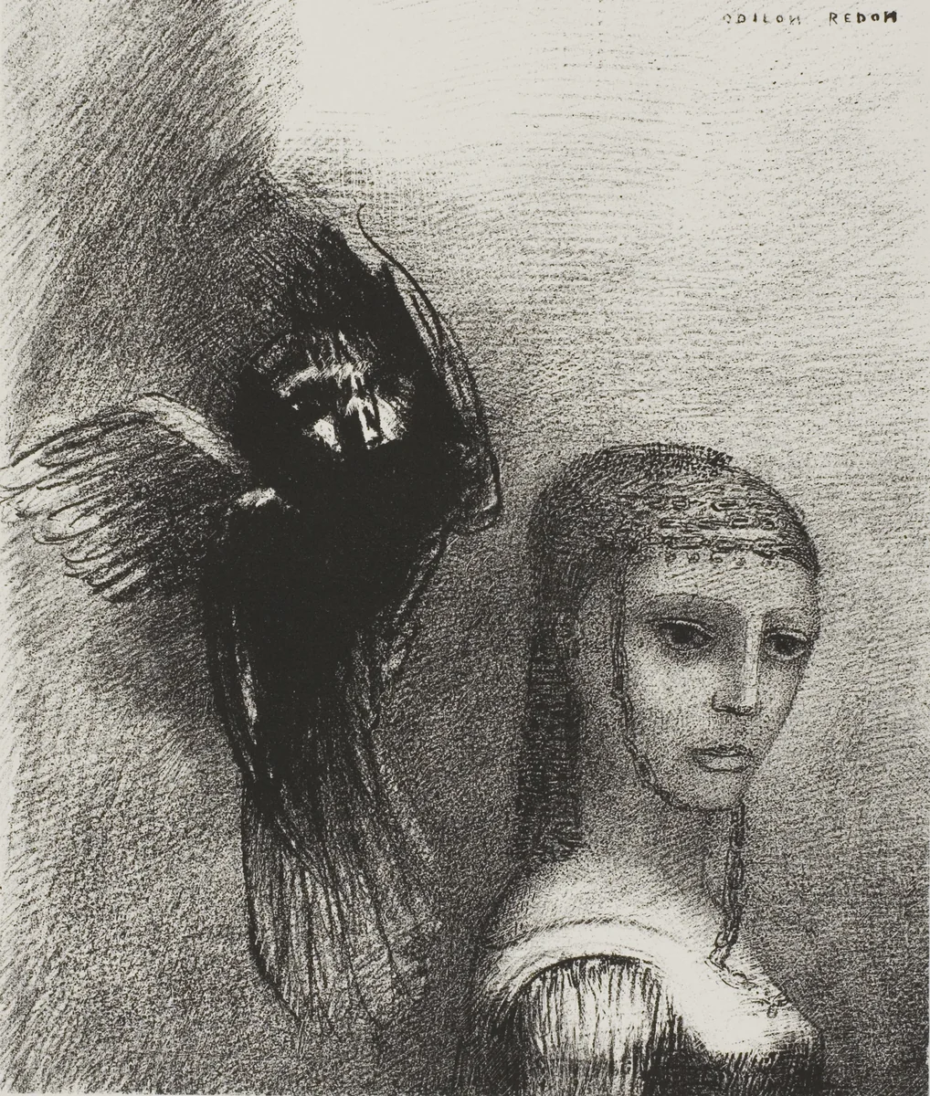 And a Large Bird, Descending From the Sky, Hurls Itself Against the Topmost Point of Her Hair, plate 3 of 10 by Odilon Redon, print, 1888