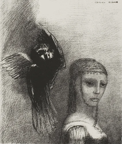 And a Large Bird, Descending From the Sky, Hurls Itself Against the Topmost Point of Her Hair, plate 3 of 10 by Odilon Redon, print, 1888